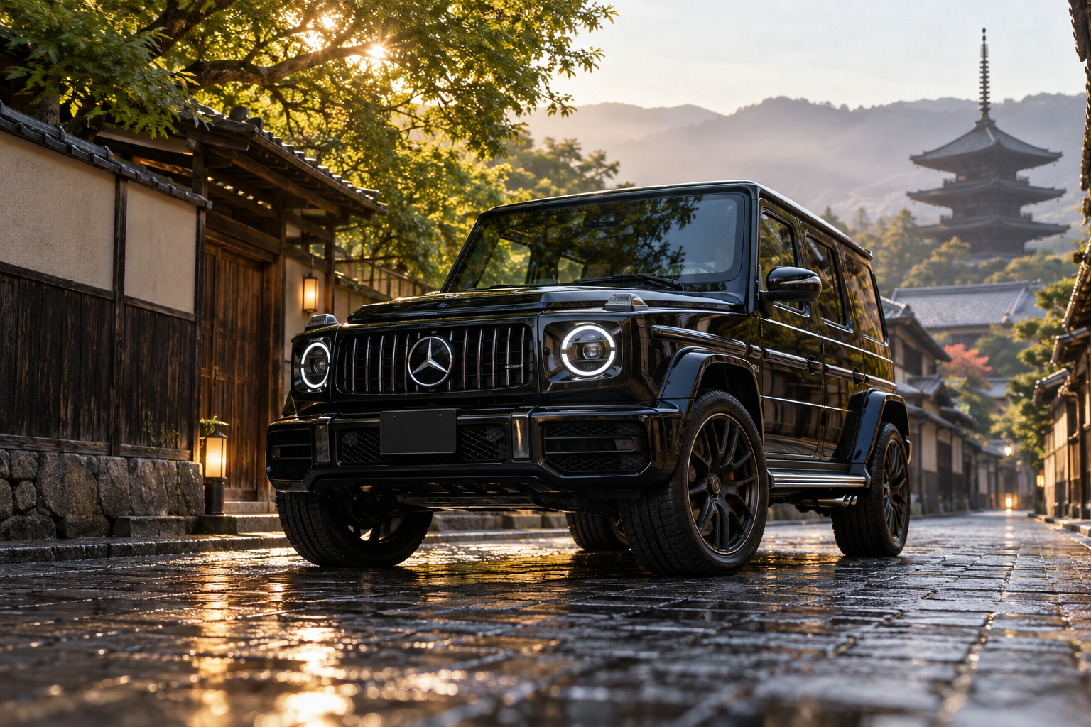 京都の石畳に停めた黒いMercedes-Benz Gクラス